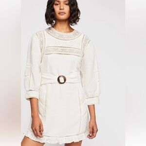 Free People New w/ Tag NWT White Linen Lace Boho Festival Luisa Mini Dress Small
